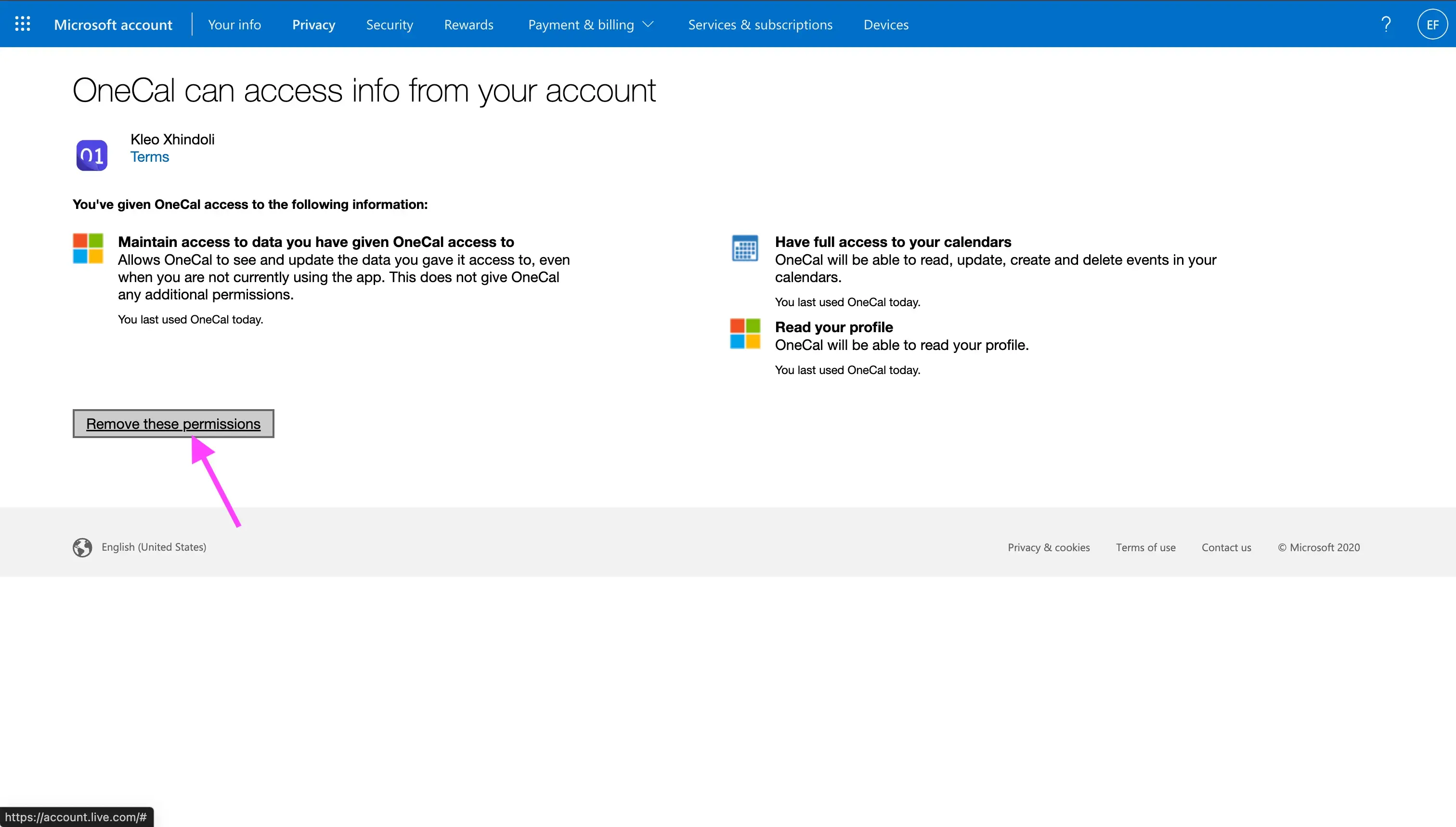 Microsoft - Click Remove these permissions