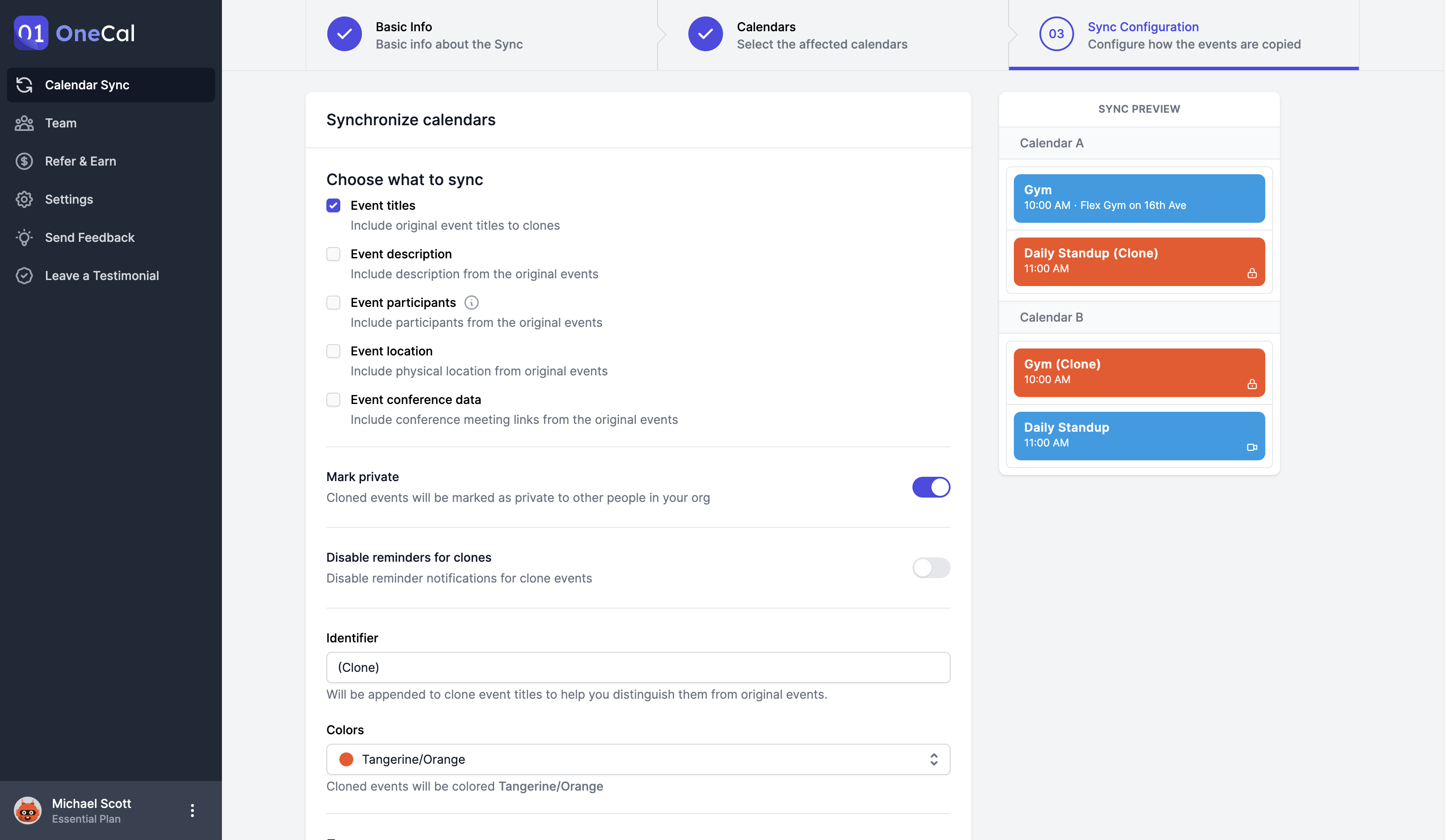 OneCal Calendar Sync Configuration