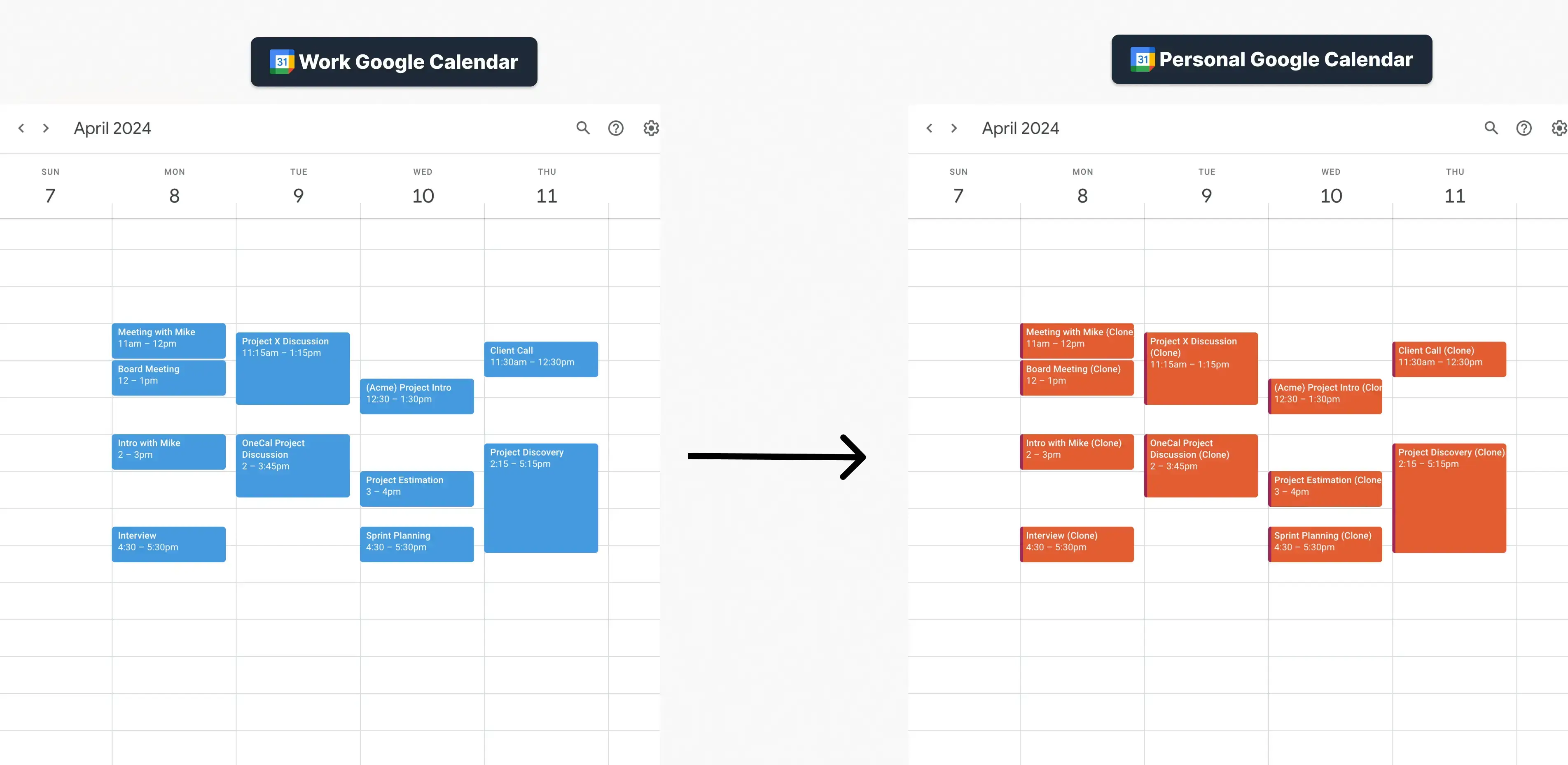 Illustration of a work Google Calendar synced with a personal Google Calendar