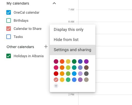 Google Calendar - Settings and sharing