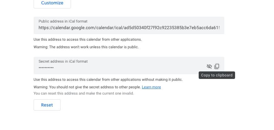 Google Calendar - secret address in iCal format