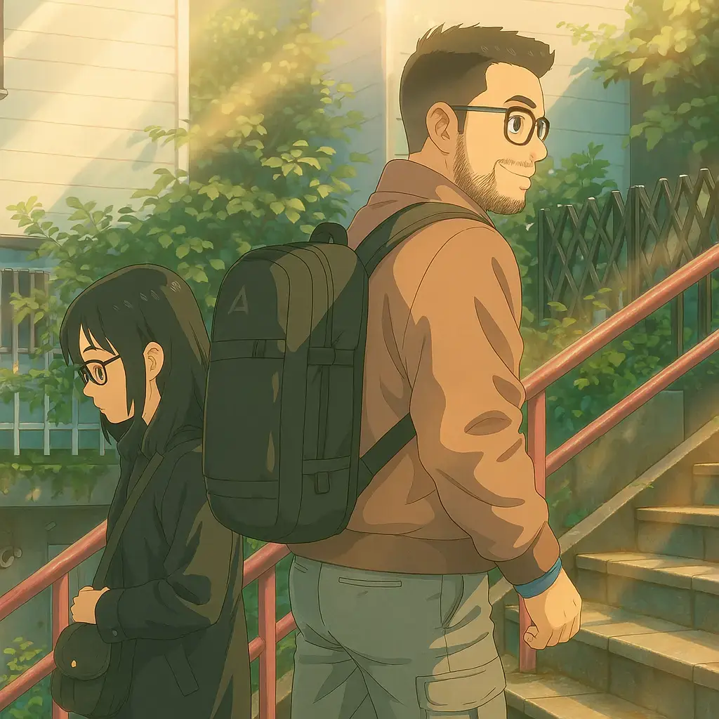 A couple going in opposite directions on a staircase