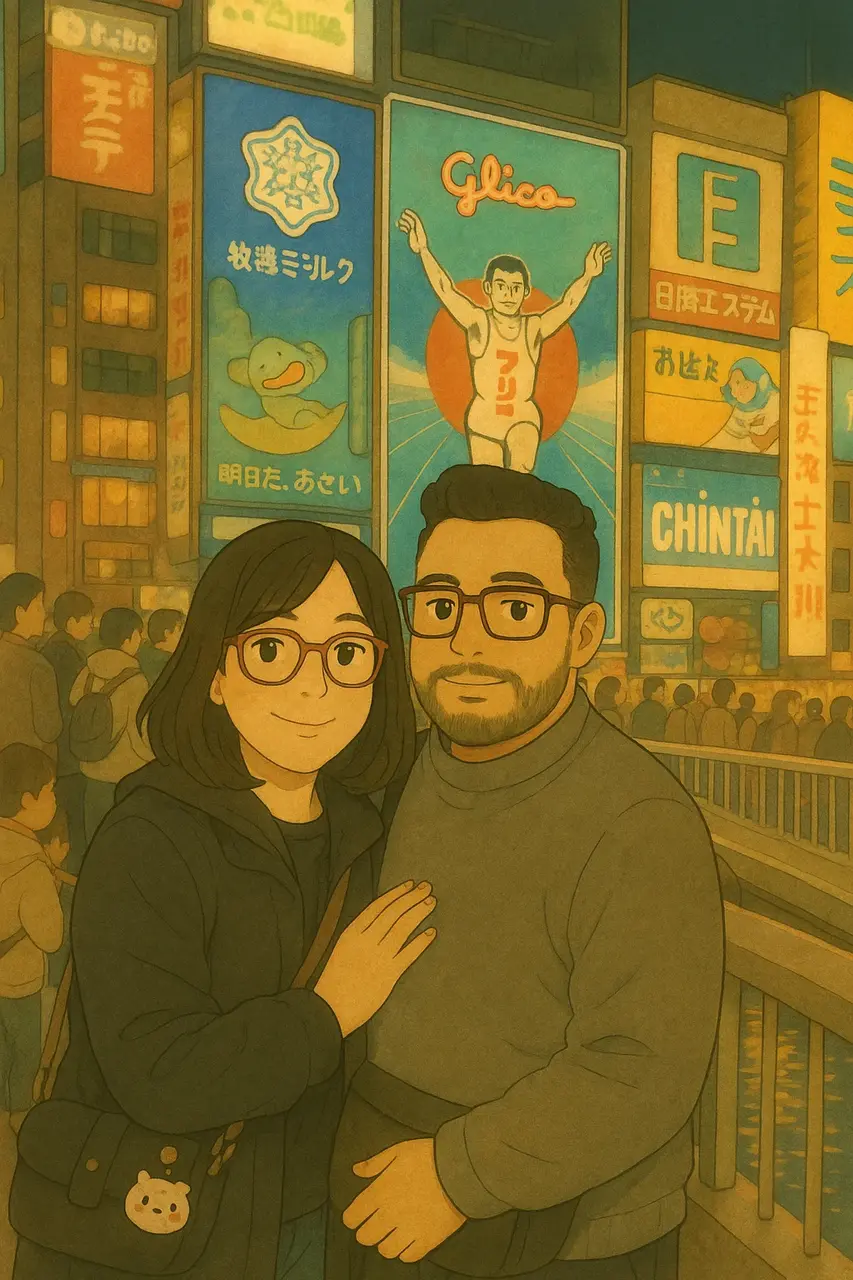 Ghibli style: Portrait of me and my bride in front of the Glico Man screen