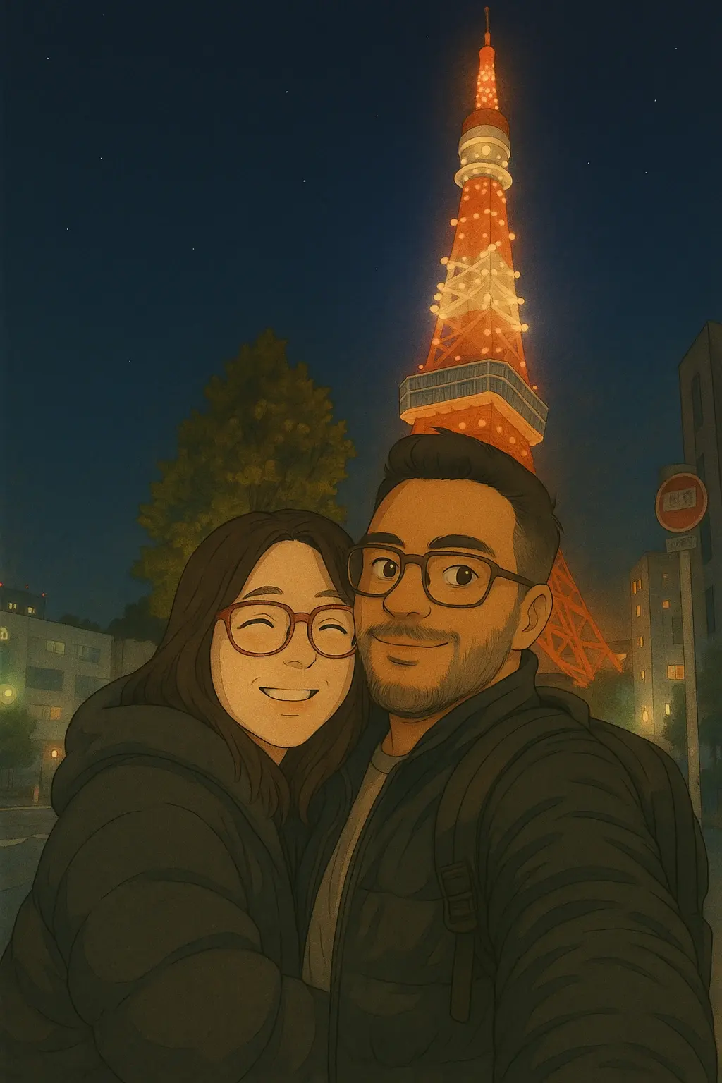 A couple taking a selfie in front of Tokyo Tower
