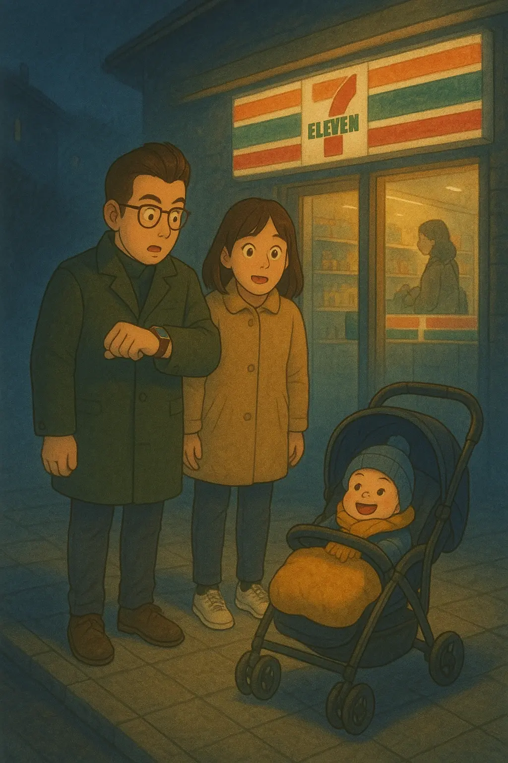 My bride and I watching over a baby in a stroller in front of a 7-Eleven store
