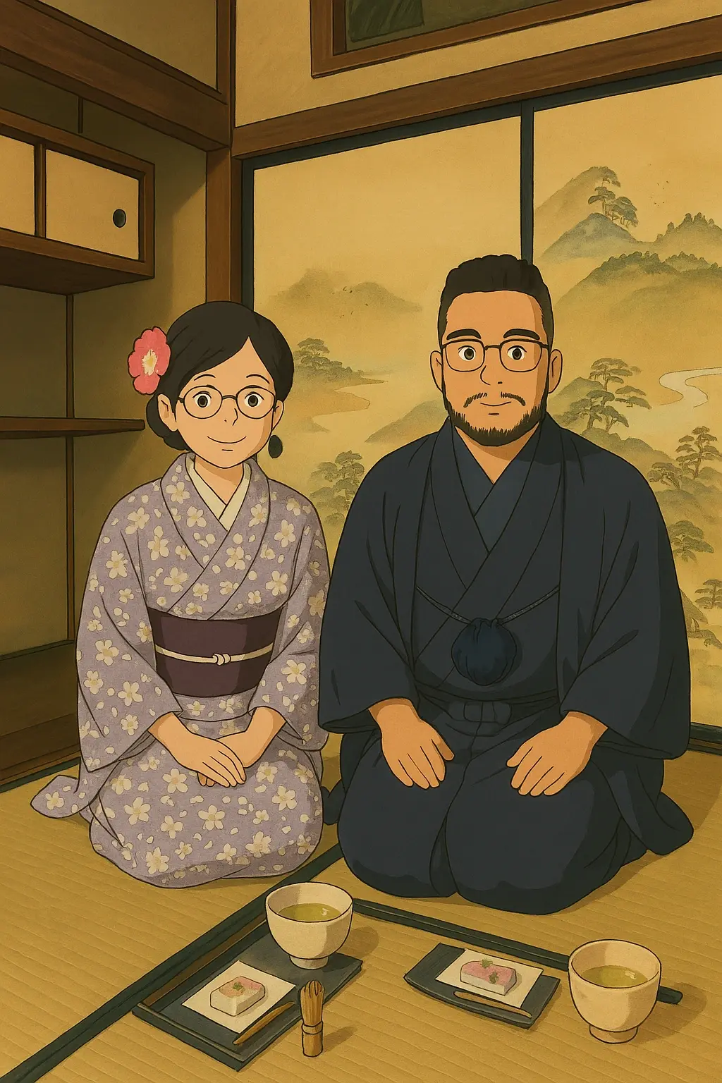 Ghibli style: My bride and I in a Japanese tea ceremony. I was wearing a hakama and she was dressed in a kimono