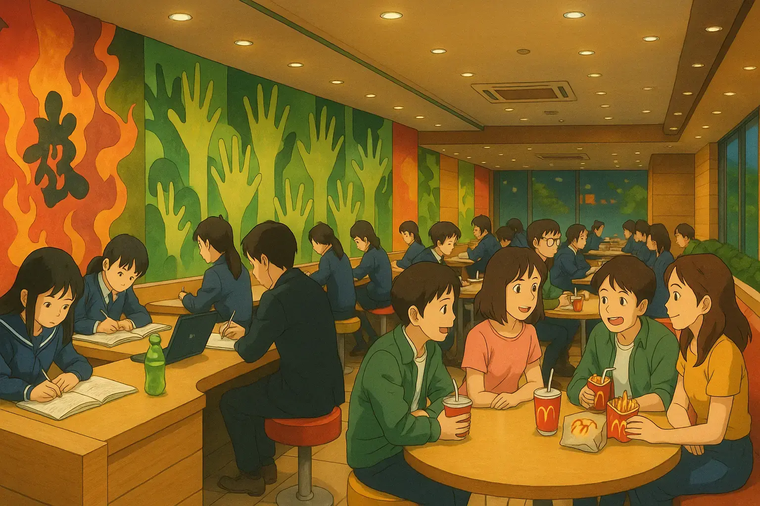 McDonald’s in Shinjuku, most people are studying or working and only one table has young people having fun