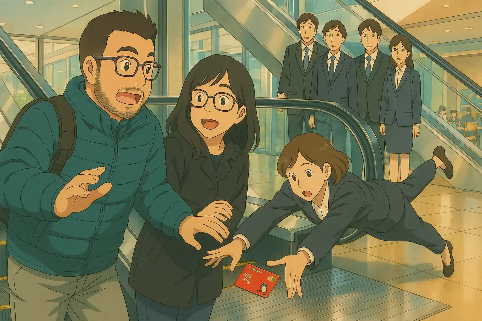 A salarywoman jumped to save a card when a tourist dropped it while switching escalators