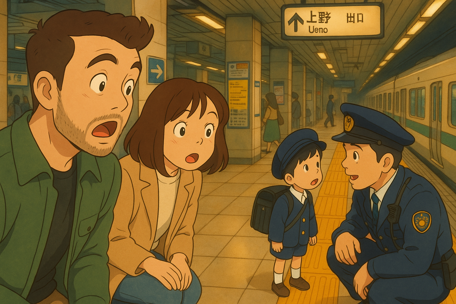 A couple of foreigners surprised in Ueno Station to see a kid taking a subway connection alone while asking a police officer for directions
