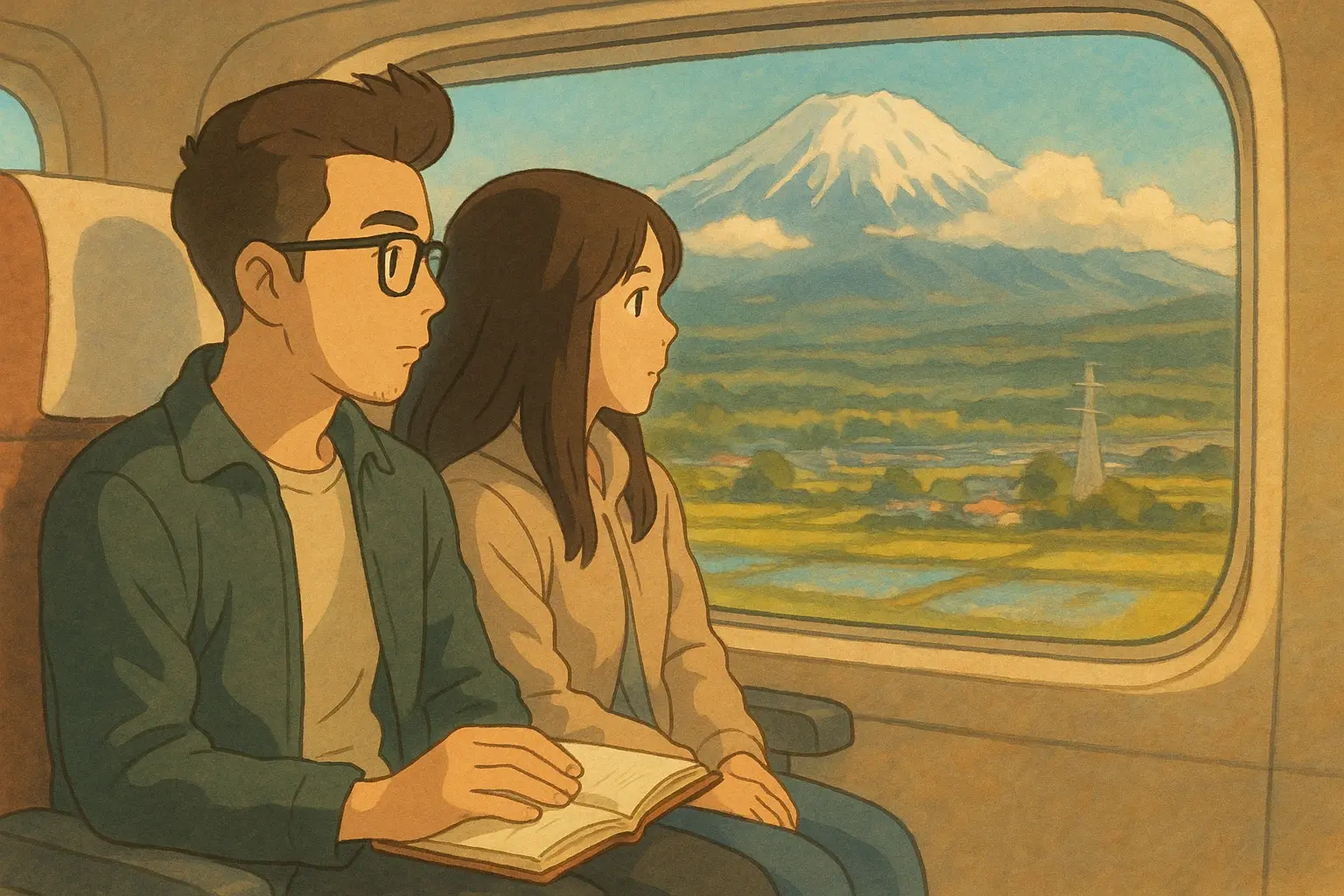 A couple catching a glimpse of Mount Fuji inside a Nozomi bullet train