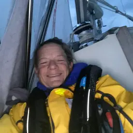Amy sitting under dodger off of Longs Point