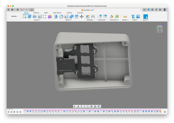Bottom view of macropad in Fusion 360 showing switch plate and PCB holder