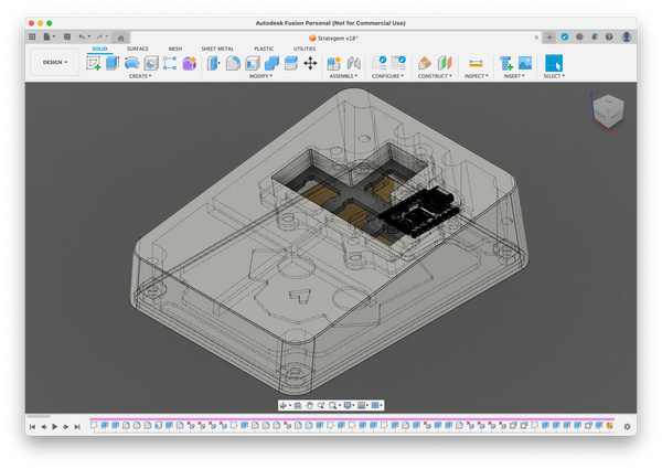 Line through view of Macropad model in Fusion 360