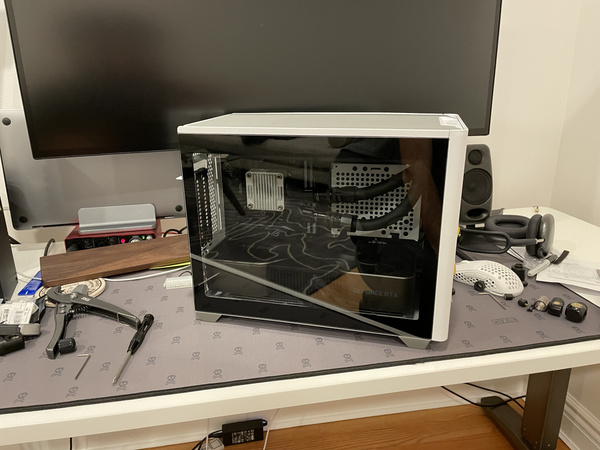 Custom computer build on desk mat