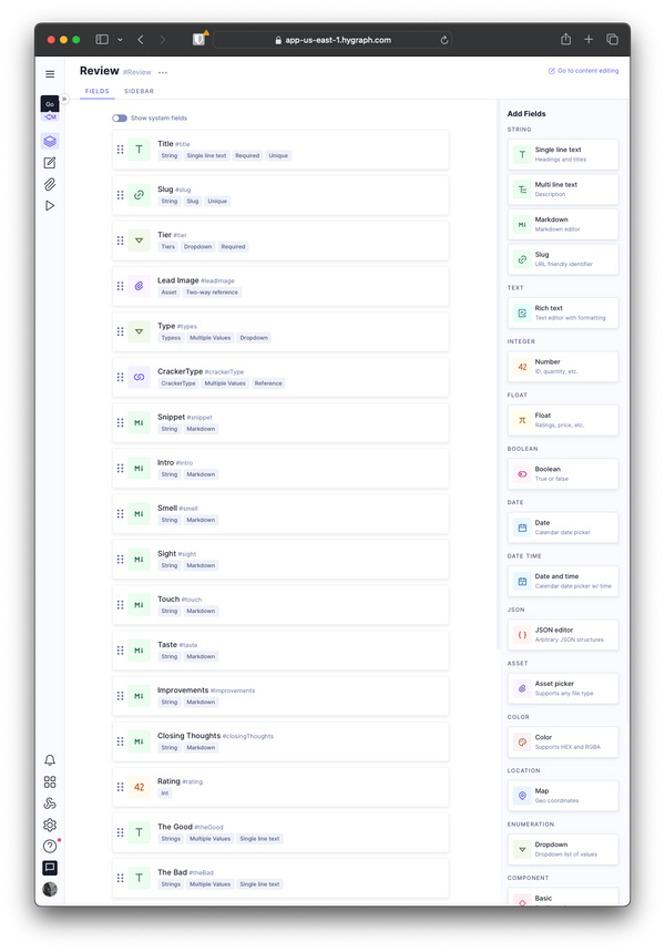 Screenshot of the the Review Schema
