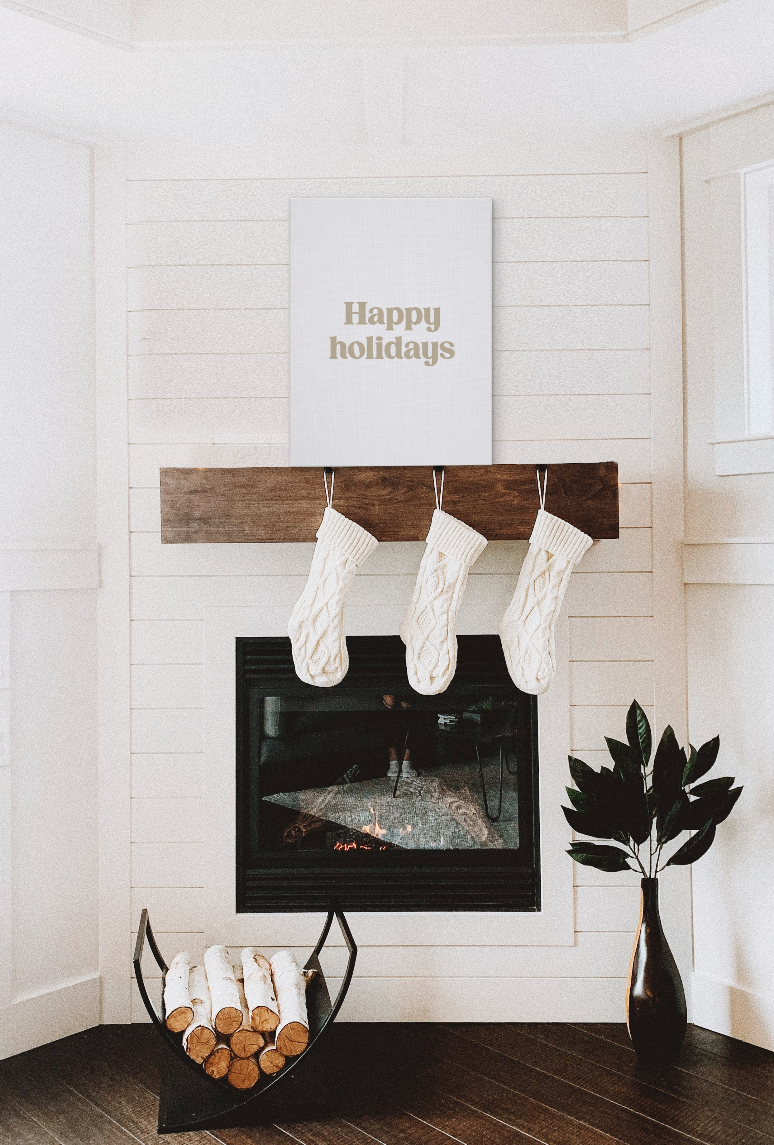Word art print on canvas that reads: "Happy Holidays"