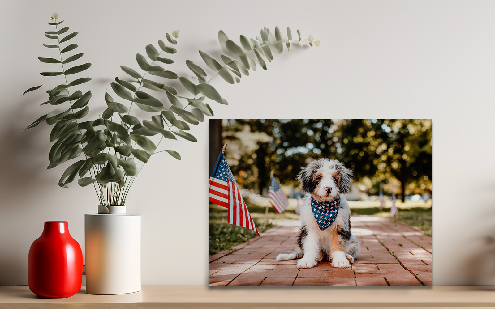 canvas print of dog sitting on a shelf with plants