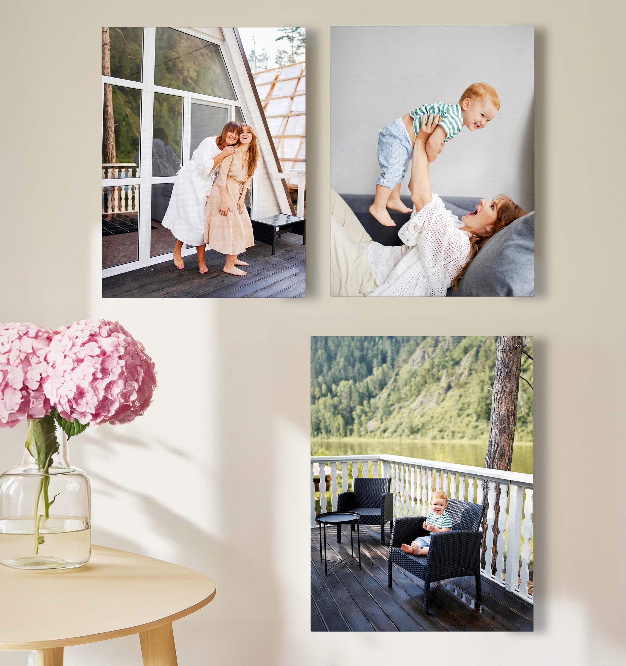 three canvas prints of a happy family