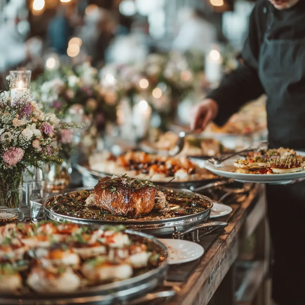 Wedding caterer plating food.