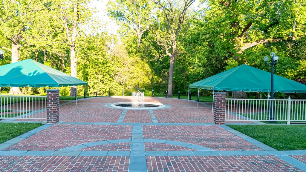 View of fountain from the upper patio to the lower patio with the fountain..