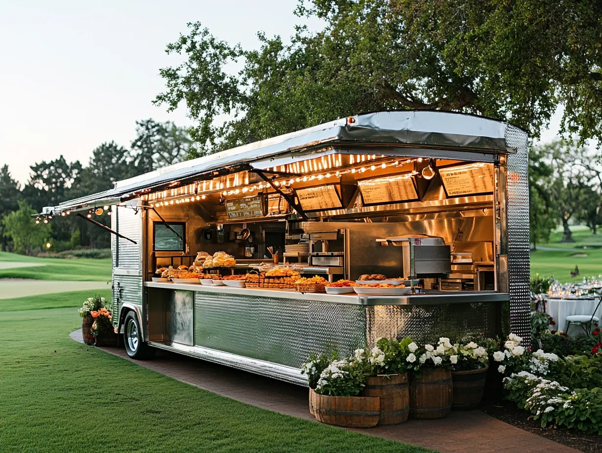 Food truck at a wedding on a golf course.