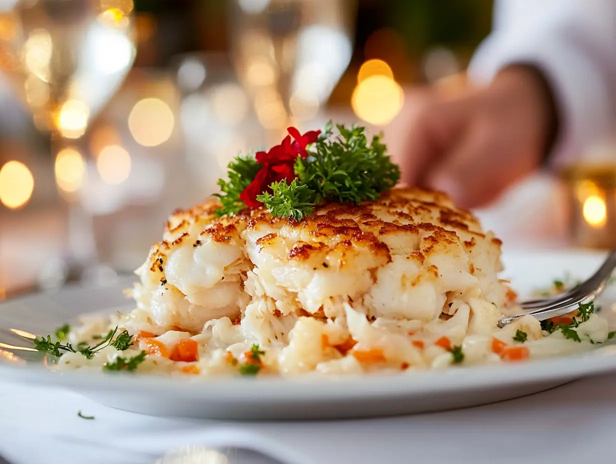 A plated dinner with crab cakes sourced from Maryland.