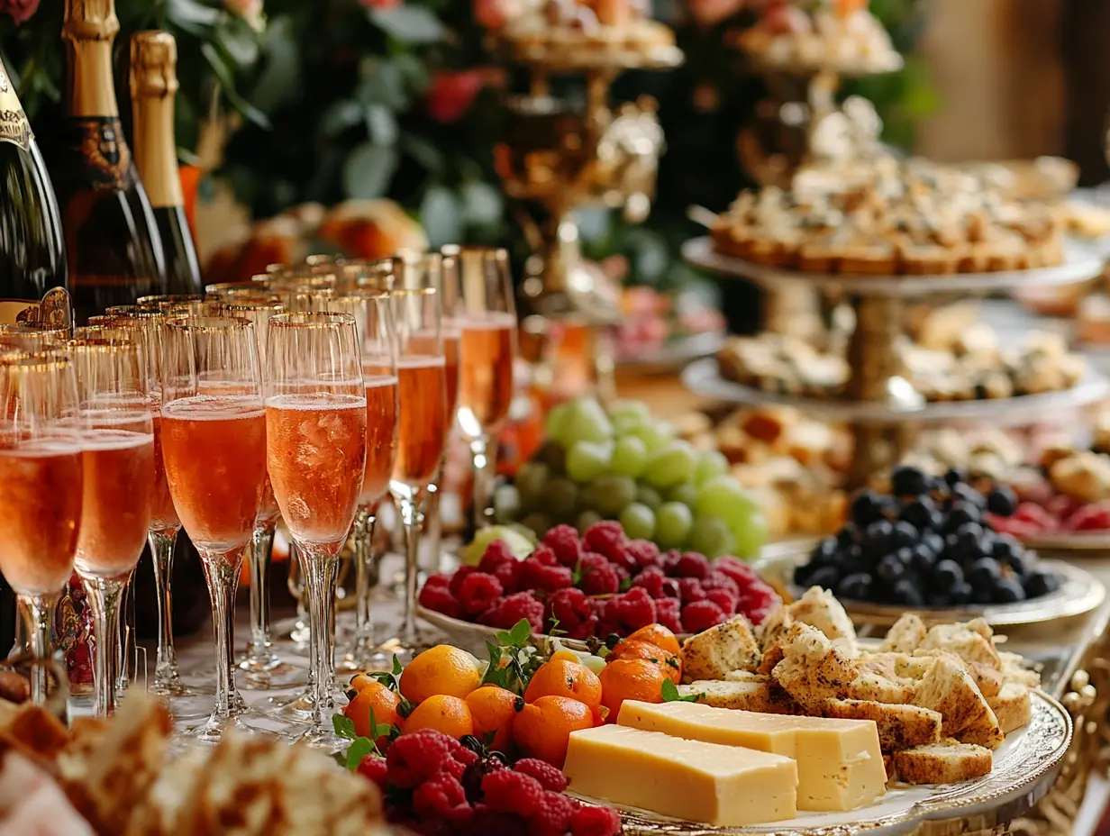 Brunch wedding setting with champagne, cheeses, fruits, and more..