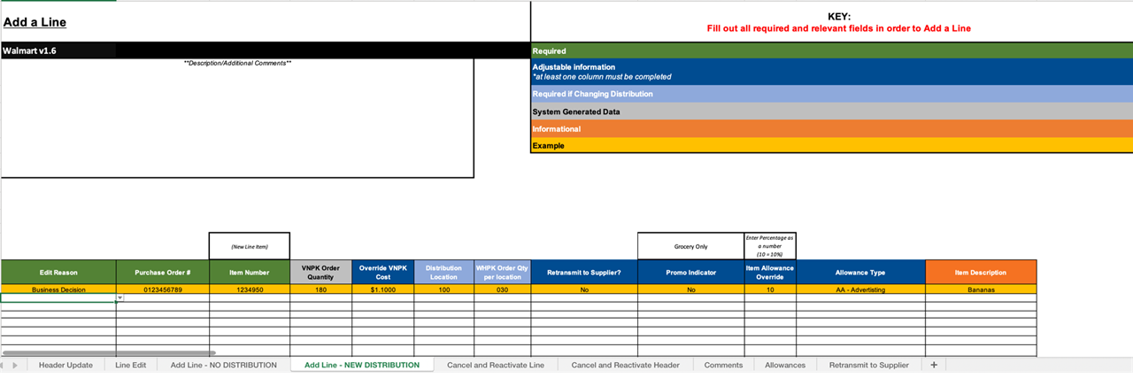 PO Maintenance Template – Add Line, New Distribution