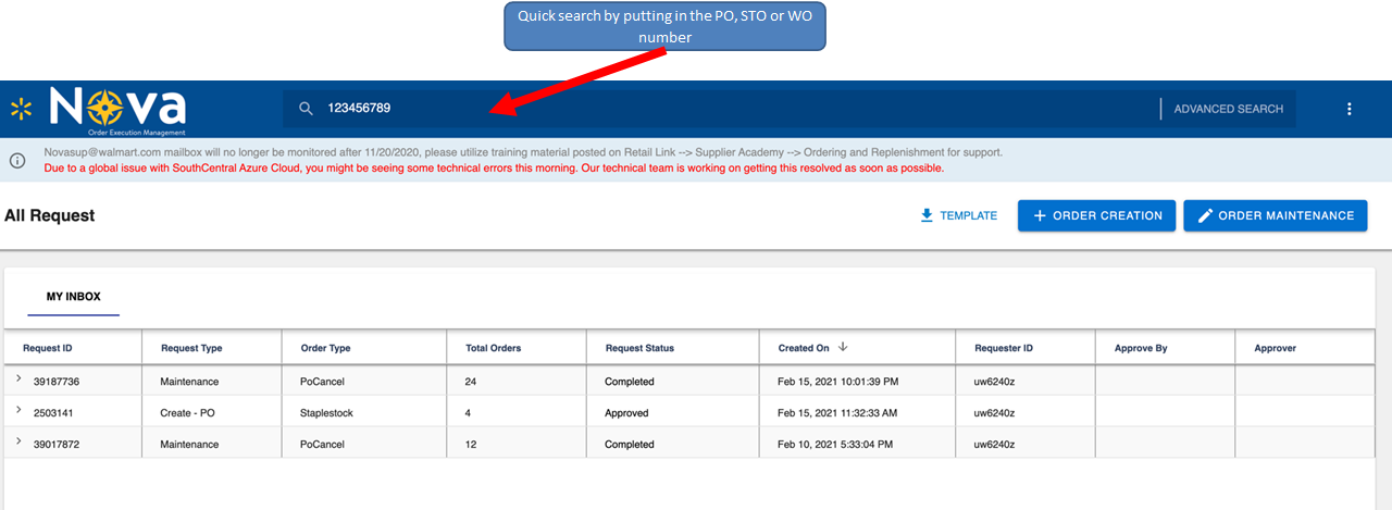 Perform a search for an individual purchase order by PO, STO, or WO number