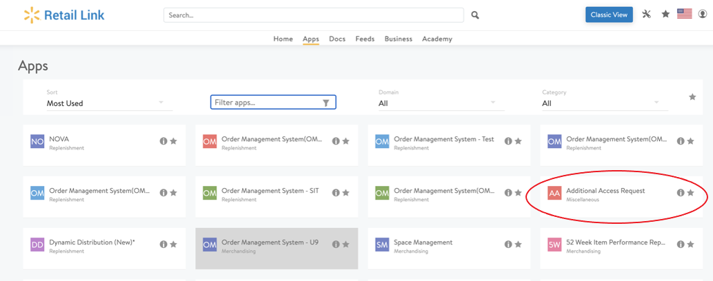 Search for “Additional Access Request” from the Apps tab in Retail Link