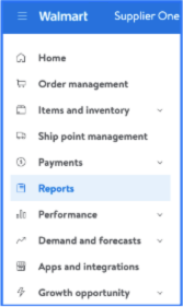 The image shows the navigation menu for Walmart's Supplier One platform. The sections visible include Home, Order Management, Items and Inventory, Ship Point Management, Payments, Reports, Performance, Demand and Forecasts, Apps and Integrations, and Growth Opportunity. Each section provides access to tools and information essential for suppliers, such as managing purchase orders, viewing reports, analyzing performance metrics, and exploring growth opportunities. The menu is organized to facilitate efficient navigation and supplier operations.