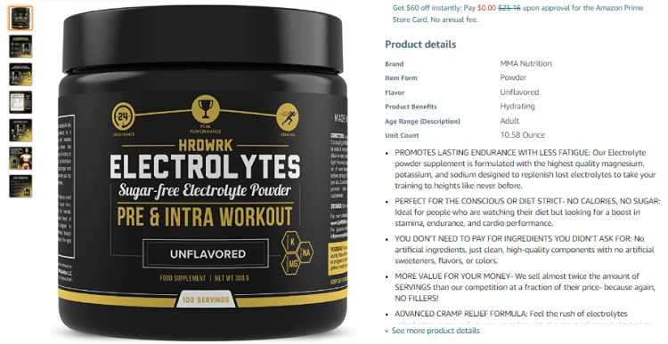 Amazon product detail page for Hrdwrk Electrolytes