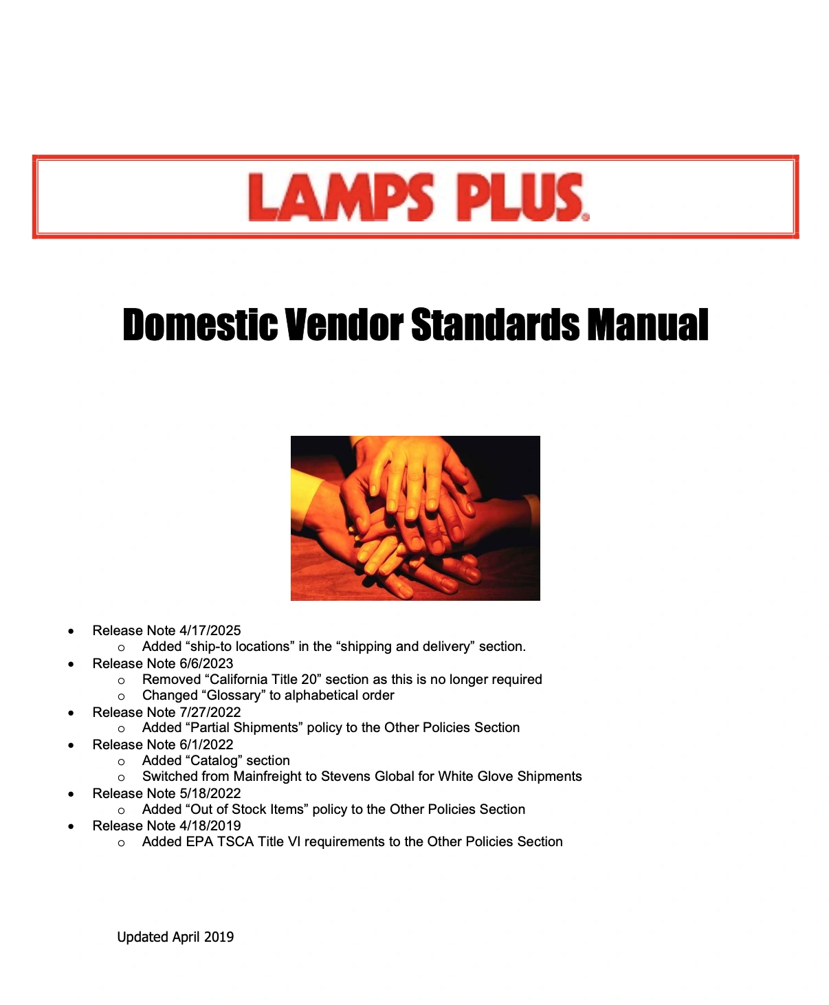 Lamps Plus Domestic Vendor Standards Manual