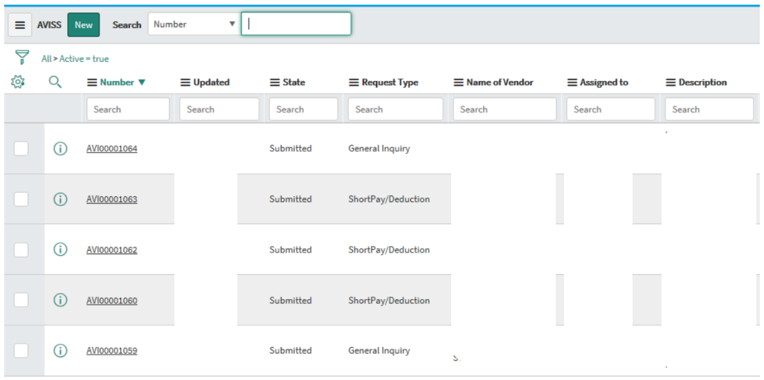The AVISS Ticket Management interface, allowing users to search, filter, and view the status and details of submitted vendor inquiries and short pay/deduction tickets within the Albertsons system.
