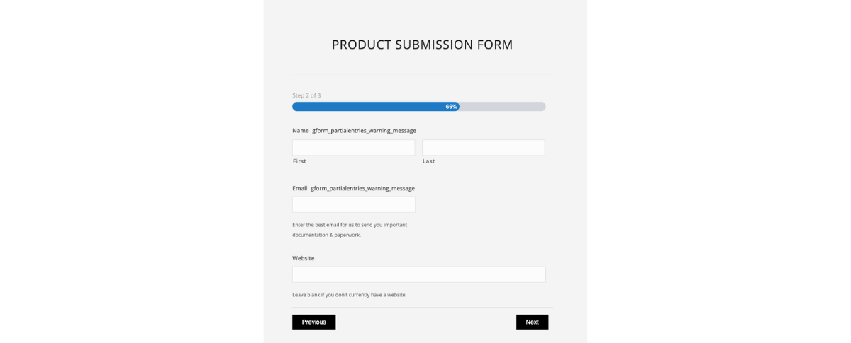 Step two of a product submission process, requesting contact information including the submitter's name, email address for important communication, and optional website.