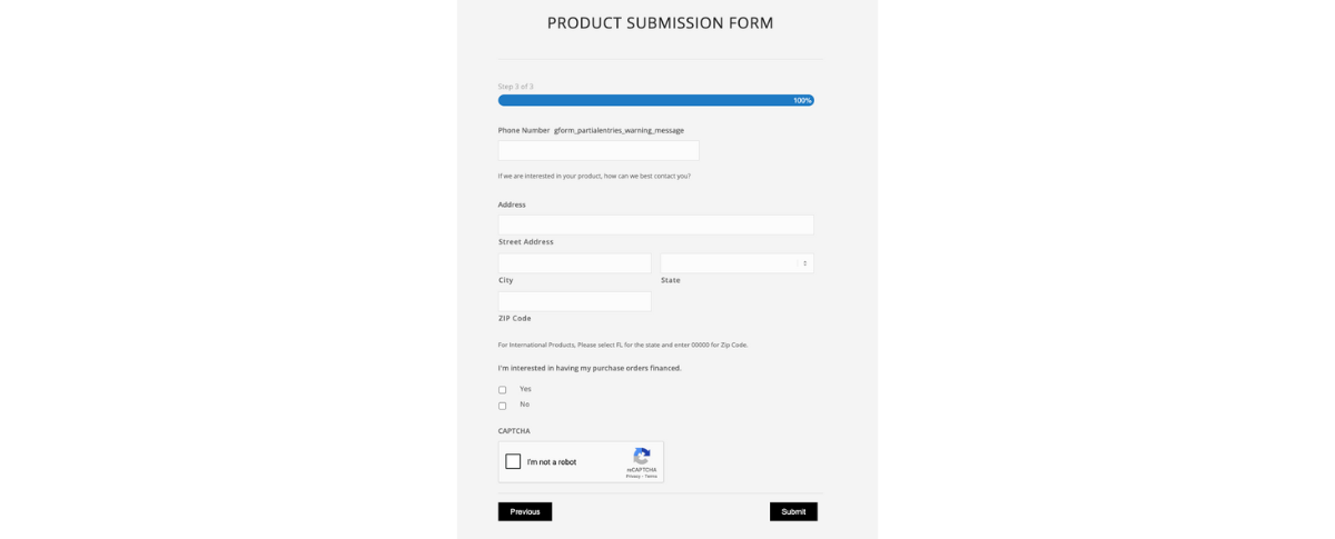 The last step of a product submission process, requesting contact phone number, full address details, financing interest, and a CAPTCHA verification before submission.