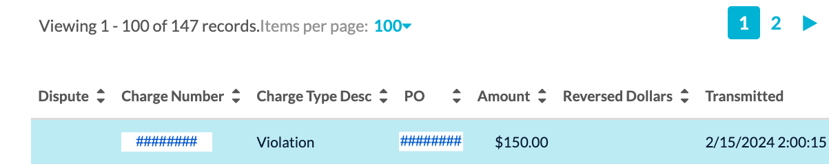  A screenshot showing a table of search results from the CVS Traverse Portal. The table displays 1 to 100 of 147 records, with 100 items per page selected. The column headers are 