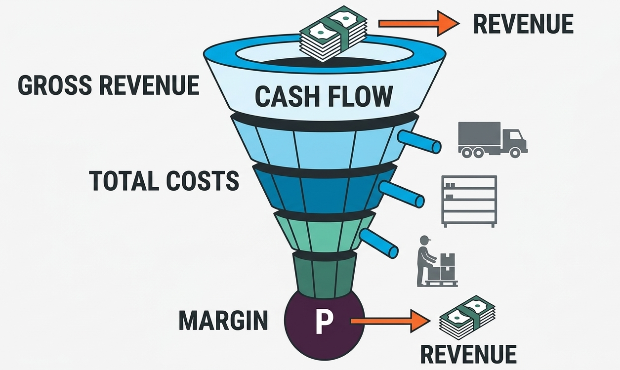 Gemini said A funnel diagram shows gross revenue filtering through total costs to a net margin. Icons illustrate logistical and compliance drains, with final profit exiting the bottom as revenue.