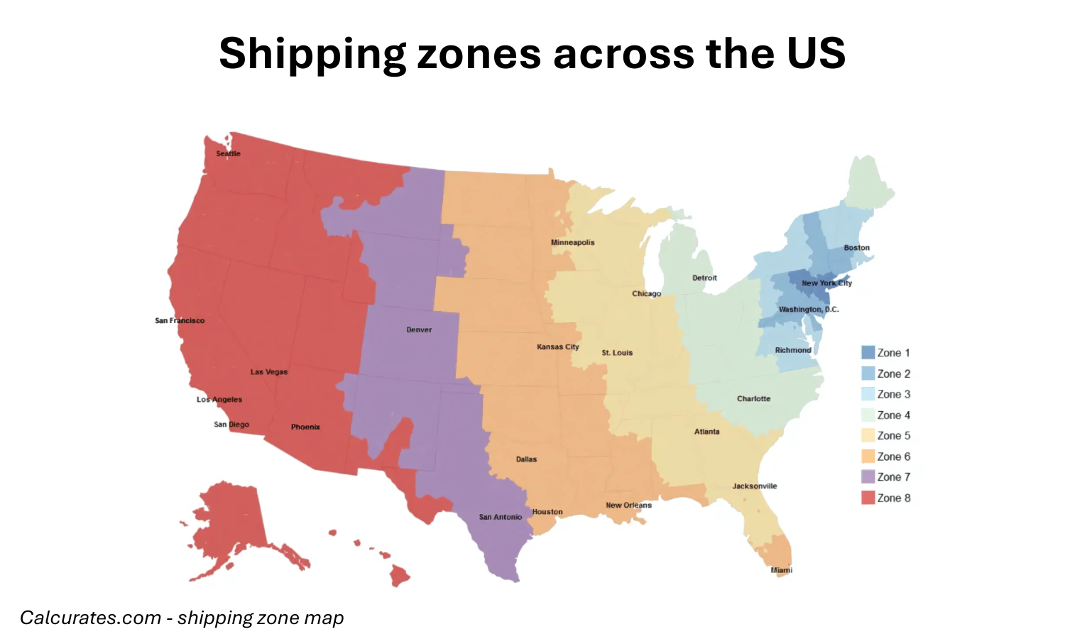 Color-coded shipping zone map of the United States for logistics planning, warehousing, and order fulfillment strategies.