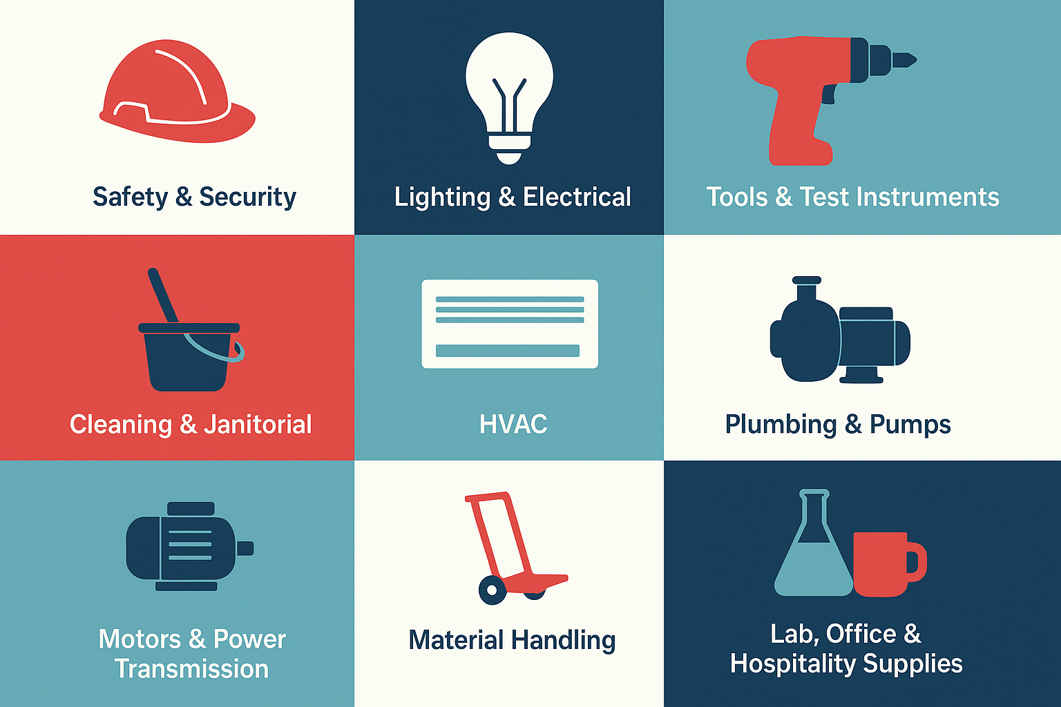 Grainger sells an array of industrial supplies, varying from HVAC, pumbing, lab supplies, and tools.