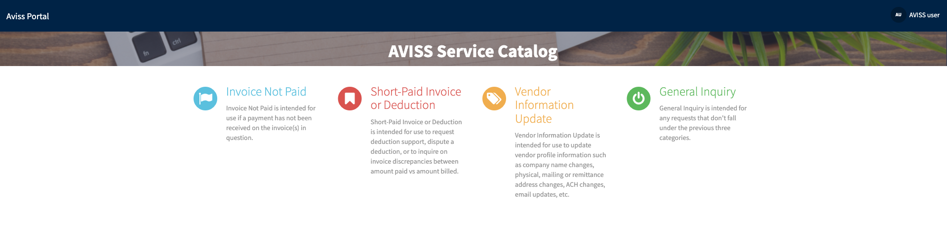 The AVISS Service Catalog, offering options for vendors to address unpaid invoices, dispute deductions, update company information, or submit general inquiries.