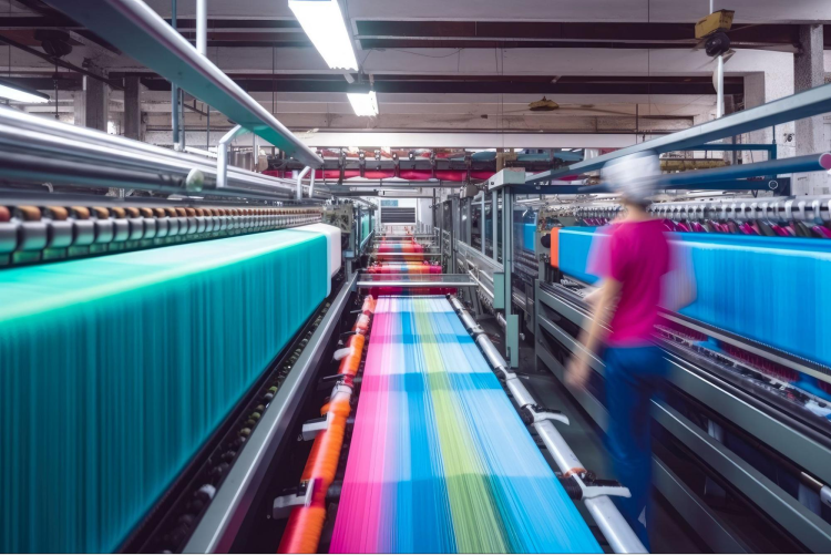 A wide-angle shot of a textile factory floor. Rows of industrial machinery process long, vibrant sheets of multicolored fabric—primarily teal, magenta, and rainbow-striped. To the right, a worker in a pink shirt and white cap is blurred, suggesting motion. The factory is brightly lit by overhead fluorescent lights, emphasizing the repetitive, high-speed nature of the manufacturing line.
