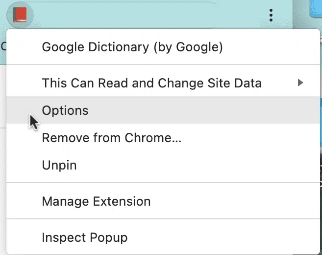 Menú contextual del icono de la extensión en la barra de Chrome con la opción "Options" resaltada