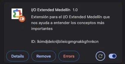 Tarjeta de la extensión en chrome://extensions con el botón rojo "Errors"