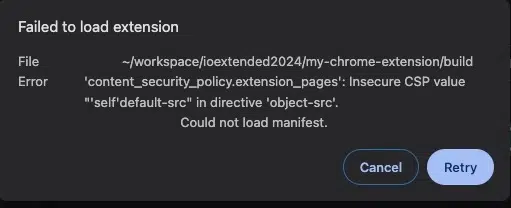 Diálogo de Chrome "Failed to load extension" mostrando un error de manifest.json por una CSP insegura