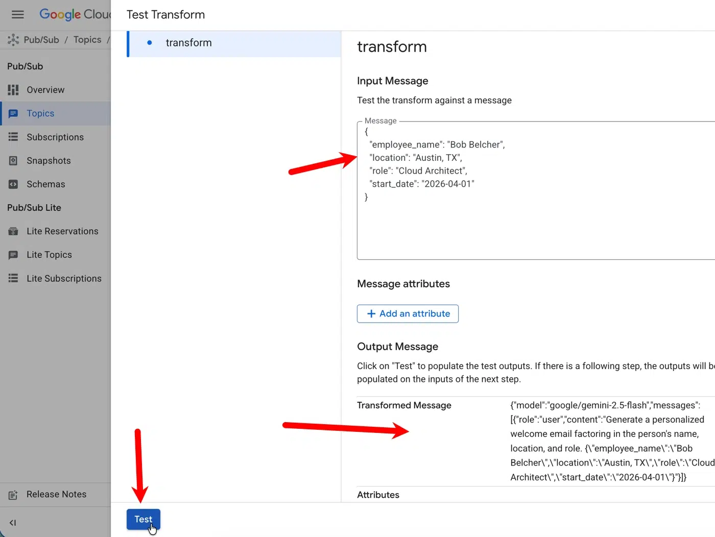 "Test Transforms" panel running the JavaScript UDF over a sample message