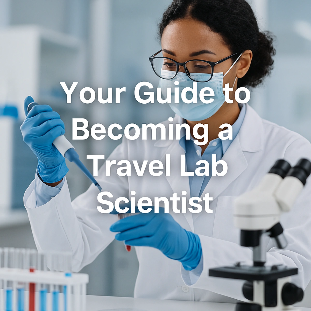Female medical laboratory scientist in a lab coat and mask using a pipette beside a microscope, with text overlay reading ‘Your Guide to Becoming a Travel Lab Scientist’