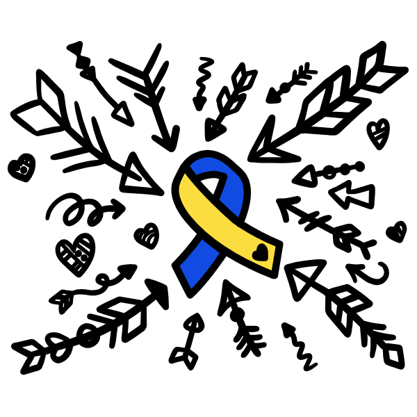 A Blue and Yellow Down Syndrome ribbon with arrows doodled around it