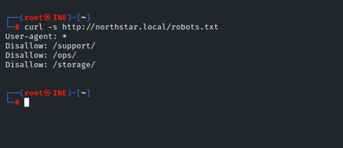 Terminal displaying the northstar.local robots.txt file, which reveals the hidden /support/, /ops/, and /storage/ paths.