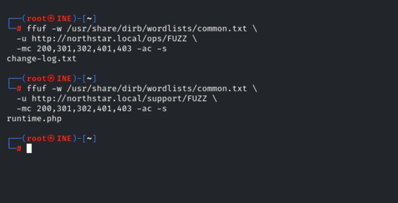 Terminal showing ffuf directory enumeration results that identify change-log.txt under /ops/ and runtime.php under /support/.